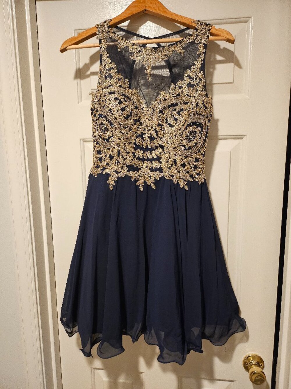 Xscape Navy Blue & Gold Embroidered High-Low Formal Dress Size 4